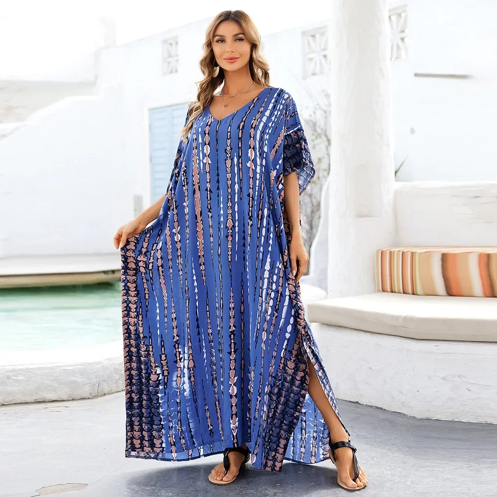 Robe de plage longue tie-dye bleue avec fente latérale