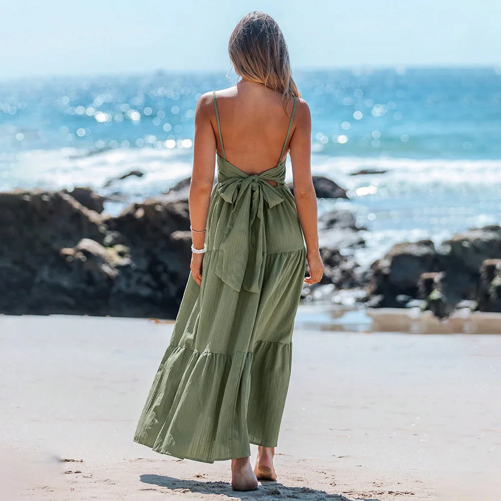 Robe de plage maxi olive à jupe à volants étagés